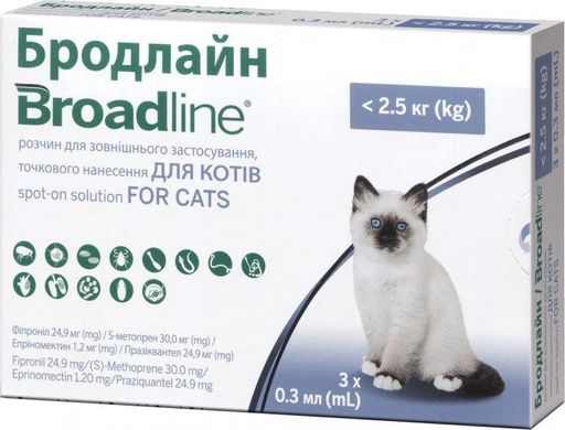 Бродлайн Спот-он капли на холке от блох и клещей для кошек весом до 2,5 кг, 1 монопипетка