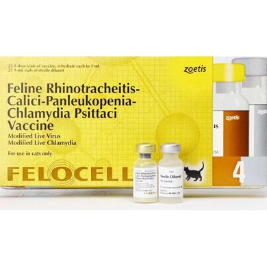 Фелоцел 4 вакцина против ринотрахеита, калицивироза, панлейкопении, хламидиоза для кошек, 1 доза