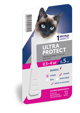 Ультра Протект ULTRA PROTECT краплі від бліх та кліщів для кішок вагою 0,5-4 кг, 1 піпетка
